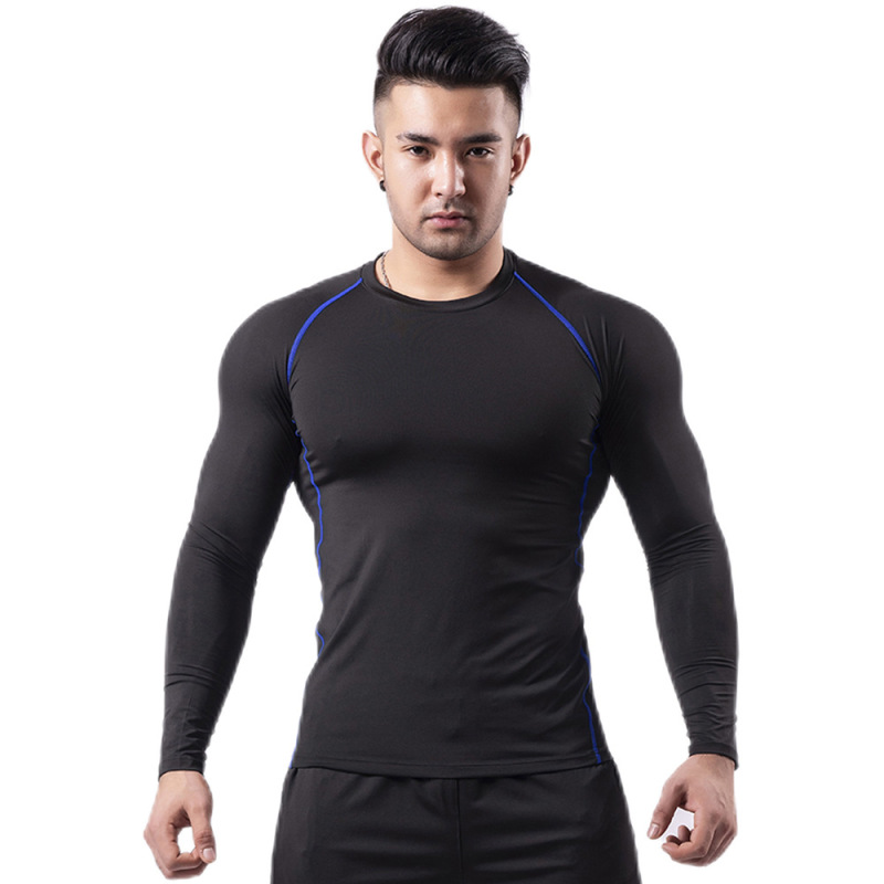 Silk Grid Men's Cross-Border Fitness Apparel Autumn and Winter Long-Sleeved T-Shirt, Fitted Quick-Drying T-Shirt, Basketball Training Running Sports Apparel