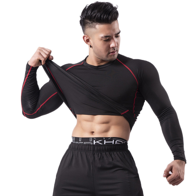 Silk Grid Men's Cross-Border Fitness Apparel Autumn and Winter Long-Sleeved T-Shirt, Fitted Quick-Drying T-Shirt, Basketball Training Running Sports Apparel