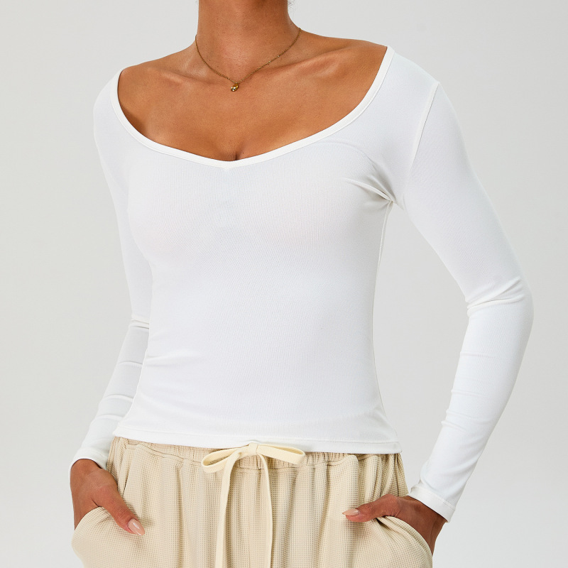 Autumn/Winter New Style Nude Feel Warm Slim Fit Long-Sleeved Yoga Top for Women, Outdoor Fitness, V-Neck, Two-Way, Off-Shoulder