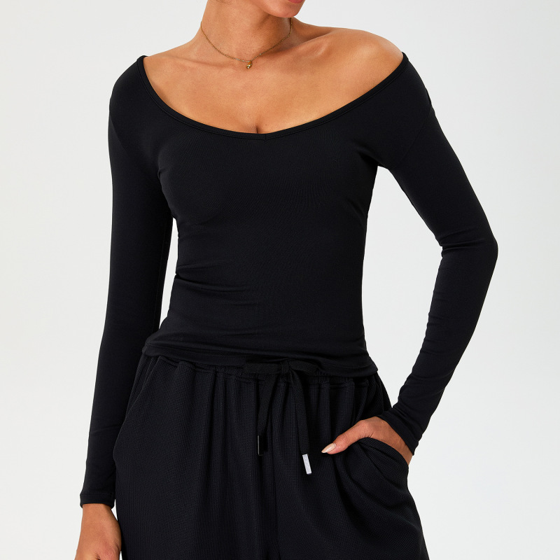 Autumn/Winter New Style Nude Feel Warm Slim Fit Long-Sleeved Yoga Top for Women, Outdoor Fitness, V-Neck, Two-Way, Off-Shoulder