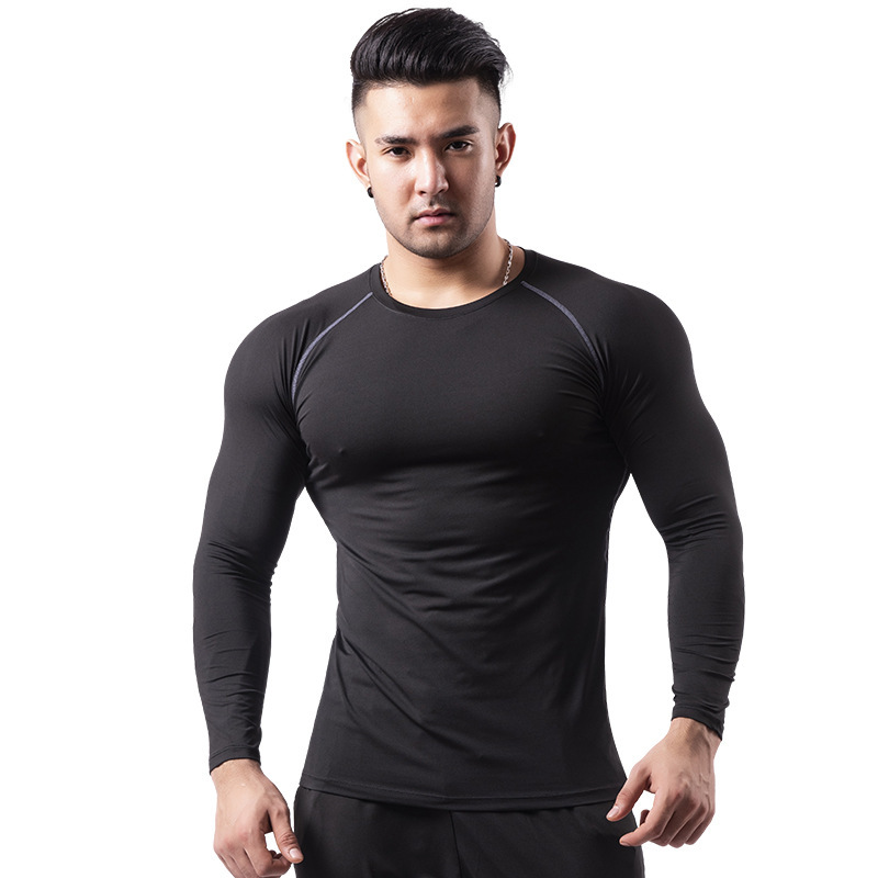 Silk Grid Men's Cross-Border Fitness Apparel Autumn and Winter Long-Sleeved T-Shirt, Fitted Quick-Drying T-Shirt, Basketball Training Running Sports Apparel