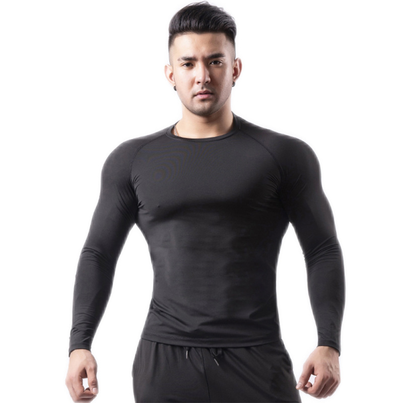 Silk Grid Men's Cross-Border Fitness Apparel Autumn and Winter Long-Sleeved T-Shirt, Fitted Quick-Drying T-Shirt, Basketball Training Running Sports Apparel