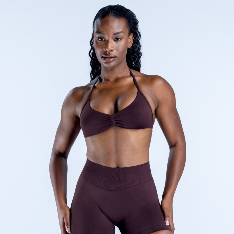 Amazon high-elastic ultra-fine matte nylon halter neck bra with beautiful back, seamless fitness bra, sports bra