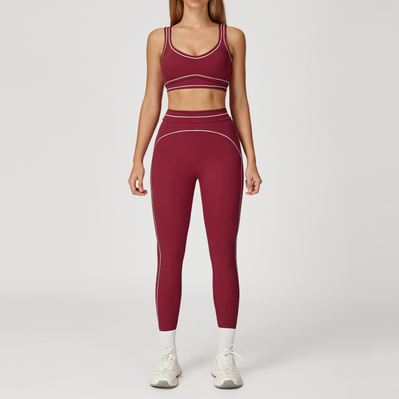 Zechuang Contrasting Color Brushed Yoga Suit Double Shoulder Straps High-End Sports Fitness Clothing Women's Running Exercise Suit 7028