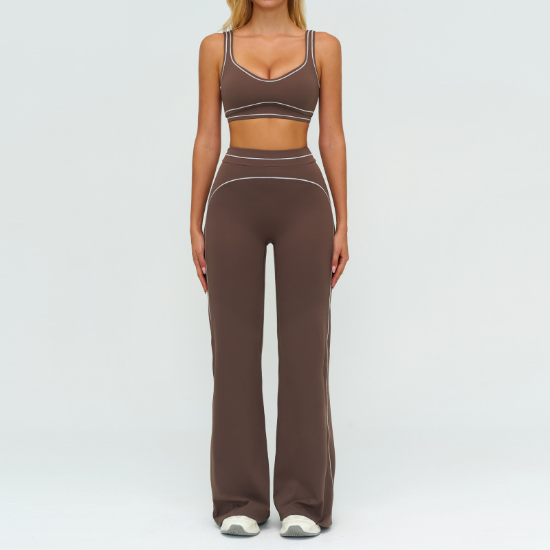 Zechuang Contrasting Color Brushed Yoga Suit Double Shoulder Straps High-End Sports Fitness Clothing Women's Running Exercise Suit 7028