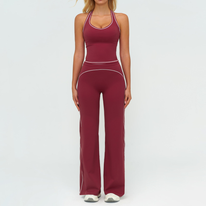 Zechuang Contrasting Color Brushed Yoga Suit Double Shoulder Straps High-End Sports Fitness Clothing Women's Running Exercise Suit 7028