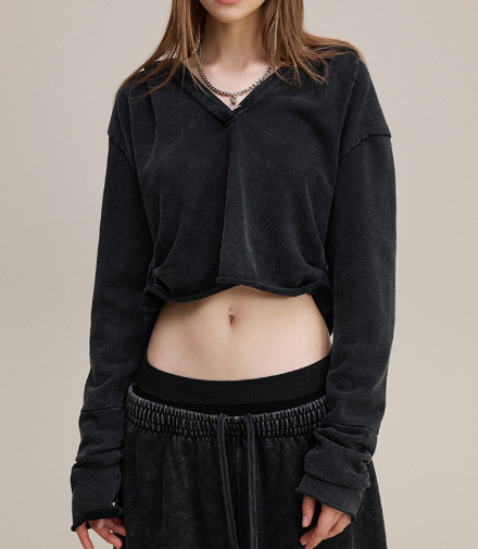 ZSTH-N25550-SY Retro Hot Girl Style V Neck T-Shirt Short Hooded Long-Sleeved