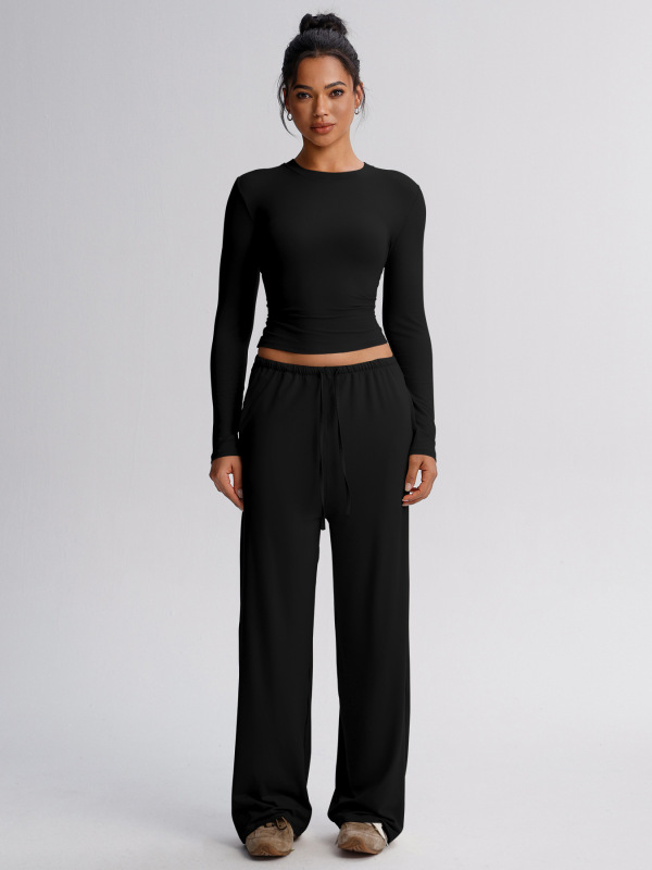 Muyao Brushed Yoga Set Round Neck Long Sleeve Sports Casual Drape Loose Running Fitness Wide-Leg Pants Two-Piece Set