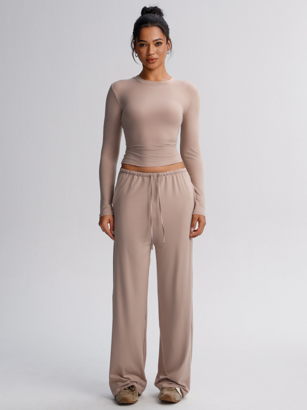 Muyao Brushed Yoga Set Round Neck Long Sleeve Sports Casual Drape Loose Running Fitness Wide-Leg Pants Two-Piece Set
