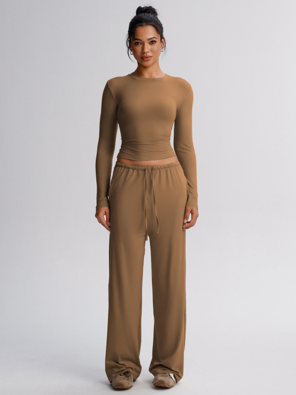 Muyao Brushed Yoga Set Round Neck Long Sleeve Sports Casual Drape Loose Running Fitness Wide-Leg Pants Two-Piece Set