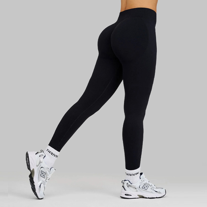 Hot-selling European and American ribbed seamless butt-lifting fitness pants, tummy-controlling, high-waisted peach-butt yoga pants