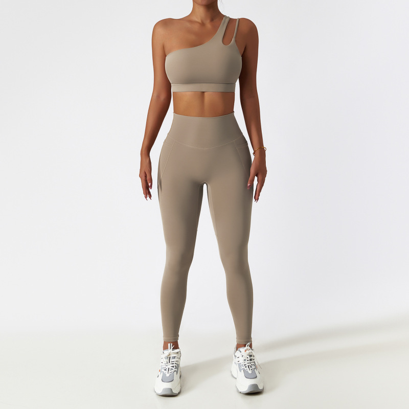 Zechuang Breathable Cloud-Feel Quick-Drying Tight-Fitting Yoga Suit with Pockets, Running Sports Set, Asymmetrical Shoulder, Bare-Feel Fitness Set
