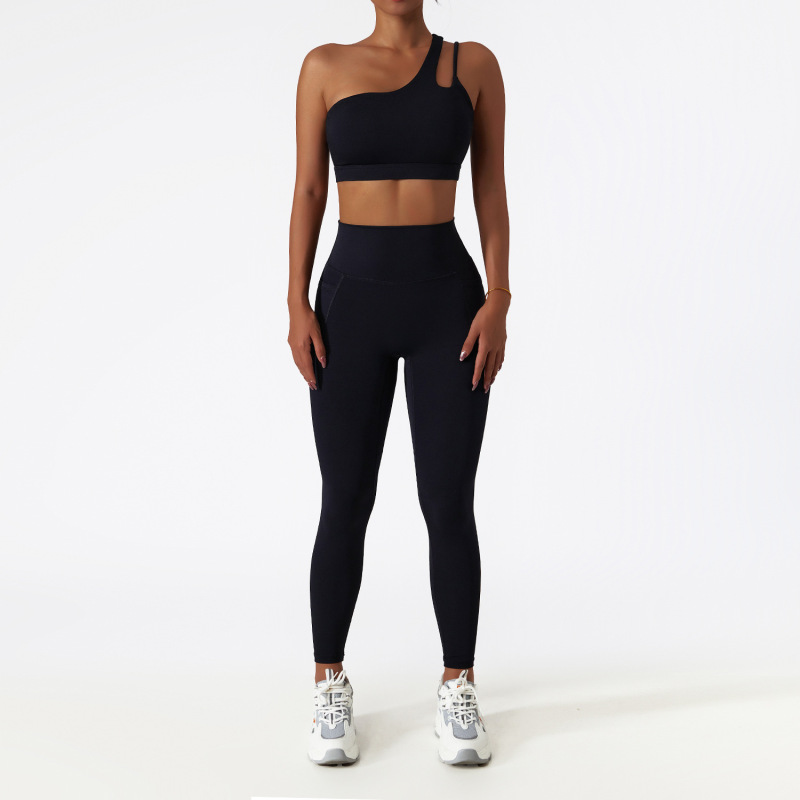 Zechuang Breathable Cloud-Feel Quick-Drying Tight-Fitting Yoga Suit with Pockets, Running Sports Set, Asymmetrical Shoulder, Bare-Feel Fitness Set