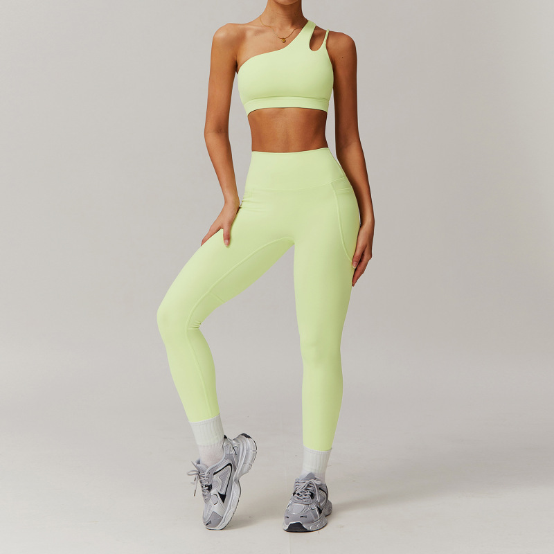 Zechuang Breathable Cloud-Feel Quick-Drying Tight-Fitting Yoga Suit with Pockets, Running Sports Set, Asymmetrical Shoulder, Bare-Feel Fitness Set