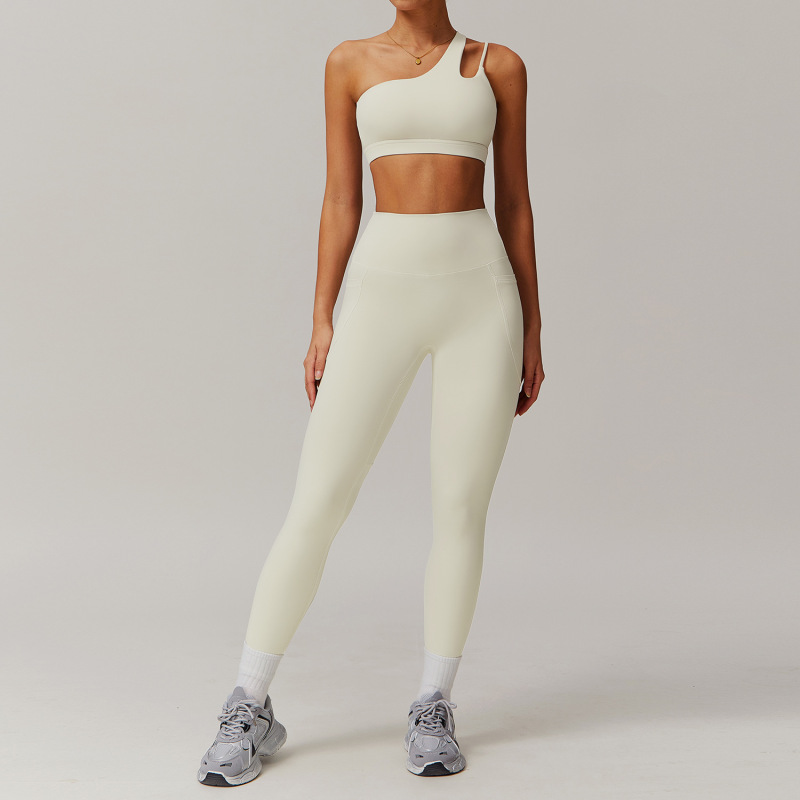 Zechuang Breathable Cloud-Feel Quick-Drying Tight-Fitting Yoga Suit with Pockets, Running Sports Set, Asymmetrical Shoulder, Bare-Feel Fitness Set