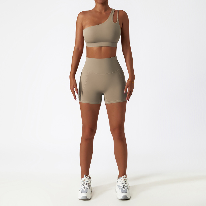 Zechuang Breathable Cloud-Feel Quick-Drying Tight-Fitting Yoga Suit with Pockets, Running Sports Set, Asymmetrical Shoulder, Bare-Feel Fitness Set