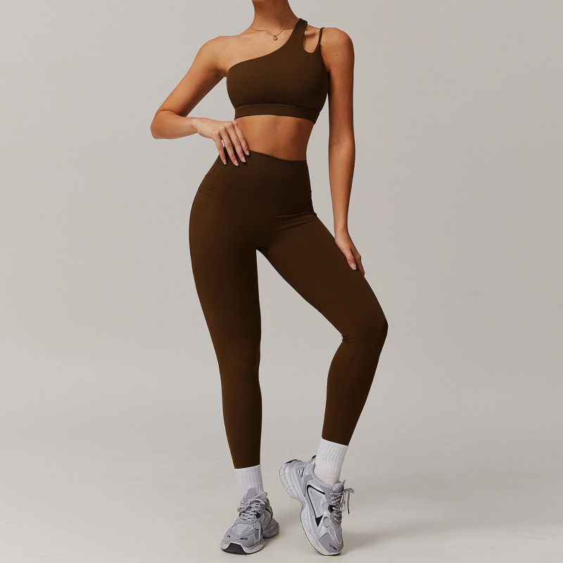 Zechuang Breathable Cloud-Feel Quick-Drying Tight-Fitting Yoga Suit with Pockets, Running Sports Set, Asymmetrical Shoulder, Bare-Feel Fitness Set