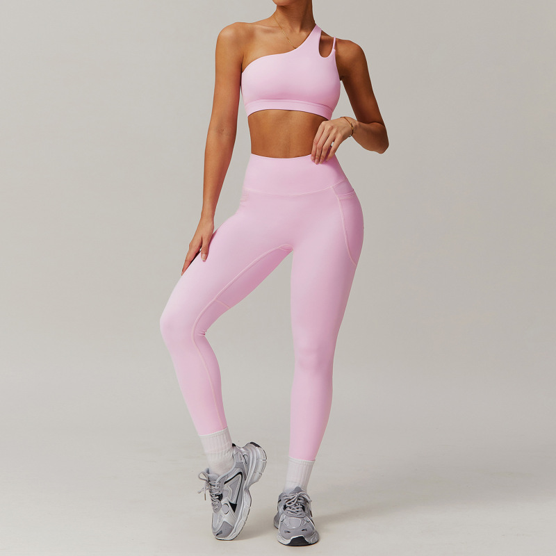 Zechuang Breathable Cloud-Feel Quick-Drying Tight-Fitting Yoga Suit with Pockets, Running Sports Set, Asymmetrical Shoulder, Bare-Feel Fitness Set