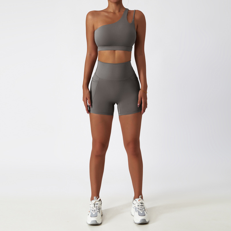 Zechuang Breathable Cloud-Feel Quick-Drying Tight-Fitting Yoga Suit with Pockets, Running Sports Set, Asymmetrical Shoulder, Bare-Feel Fitness Set
