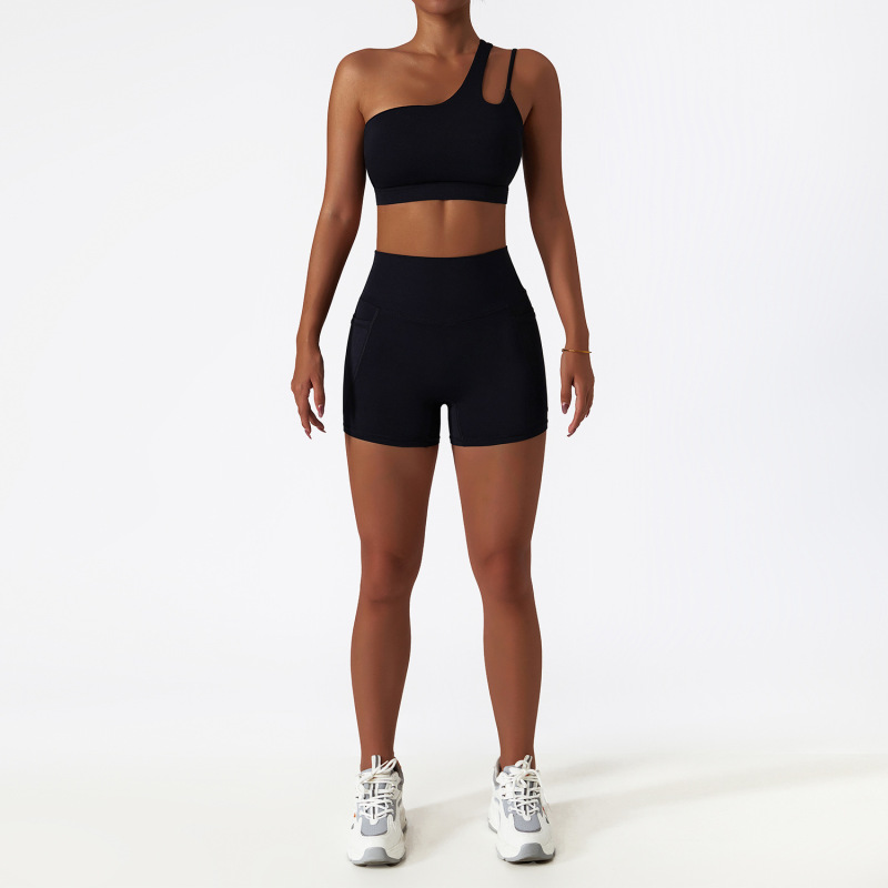 Zechuang Breathable Cloud-Feel Quick-Drying Tight-Fitting Yoga Suit with Pockets, Running Sports Set, Asymmetrical Shoulder, Bare-Feel Fitness Set
