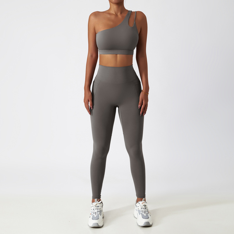 Zechuang Breathable Cloud-Feel Quick-Drying Tight-Fitting Yoga Suit with Pockets, Running Sports Set, Asymmetrical Shoulder, Bare-Feel Fitness Set