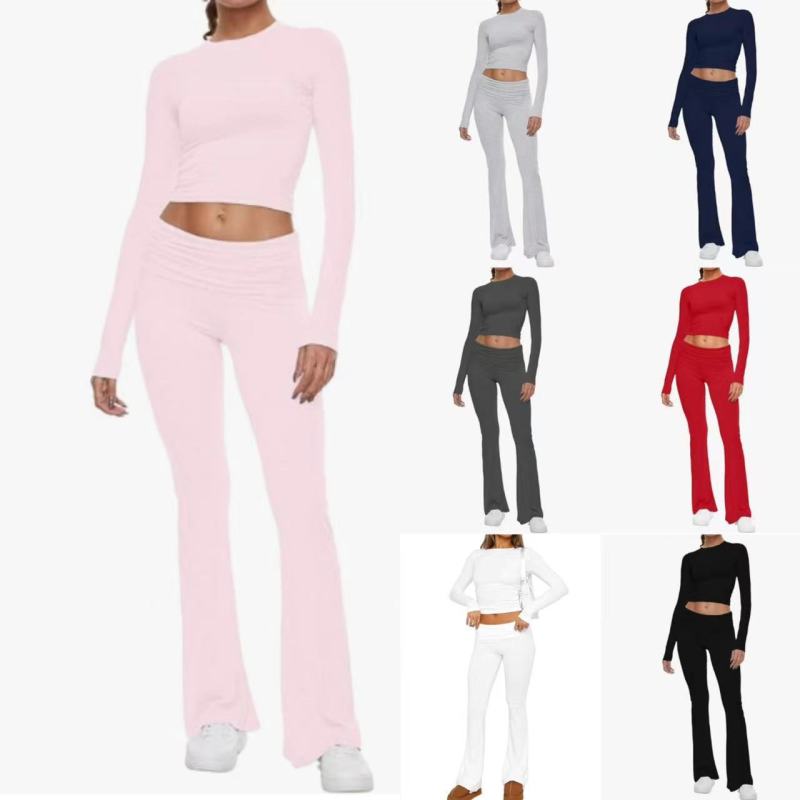 2024 Amazon Express New European and American Women's Crewneck, Short, Tight, Low Waist, Bell Pants suit