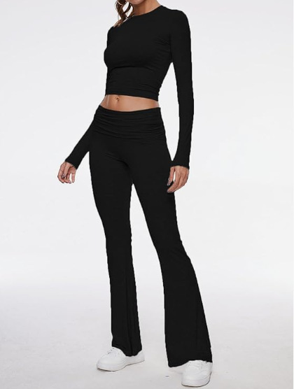 2024 Amazon Express New European and American Women's Crewneck, Short, Tight, Low Waist, Bell Pants suit