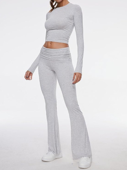 2024 Amazon Express New European and American Women's Crewneck, Short, Tight, Low Waist, Bell Pants suit