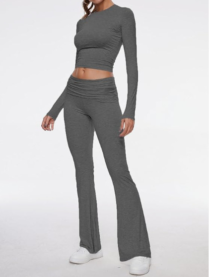 2024 Amazon Express New European and American Women's Crewneck, Short, Tight, Low Waist, Bell Pants suit