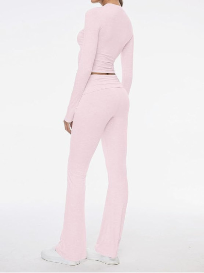 2024 Amazon Express New European and American Women's Crewneck, Short, Tight, Low Waist, Bell Pants suit