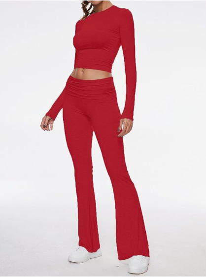 2024 Amazon Express New European and American Women's Crewneck, Short, Tight, Low Waist, Bell Pants suit