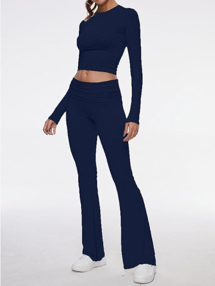2024 Amazon Express New European and American Women's Crewneck, Short, Tight, Low Waist, Bell Pants suit