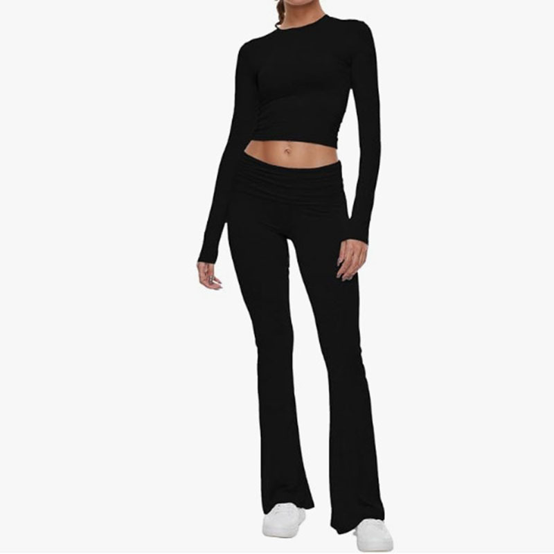 2024 Amazon Express New European and American Women's Crewneck, Short, Tight, Low Waist, Bell Pants suit