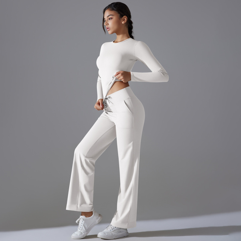 Cross-border Double-sided Nylon Solid Color Long-sleeved Yoga Suit suit High Waist Wide Leg Sports Running Fitness Two-piece Set