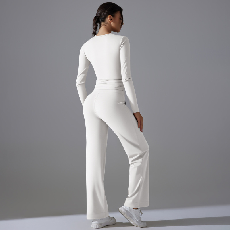 Cross-border Double-sided Nylon Solid Color Long-sleeved Yoga Suit suit High Waist Wide Leg Sports Running Fitness Two-piece Set