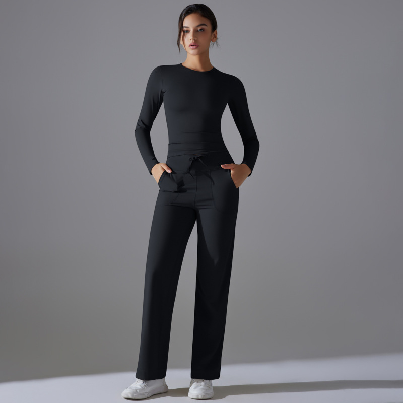 Cross-border Double-sided Nylon Solid Color Long-sleeved Yoga Suit suit High Waist Wide Leg Sports Running Fitness Two-piece Set