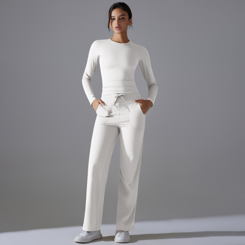 Cross-border Double-sided Nylon Solid Color Long-sleeved Yoga Suit suit High Waist Wide Leg Sports Running Fitness Two-piece Set