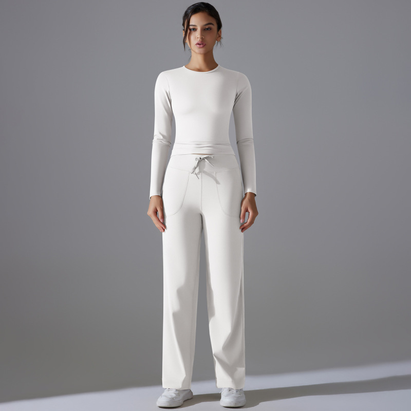 Cross-border Double-sided Nylon Solid Color Long-sleeved Yoga Suit suit High Waist Wide Leg Sports Running Fitness Two-piece Set