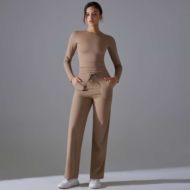 Cross-border Double-sided Nylon Solid Color Long-sleeved Yoga Suit suit High Waist Wide Leg Sports Running Fitness Two-piece Set