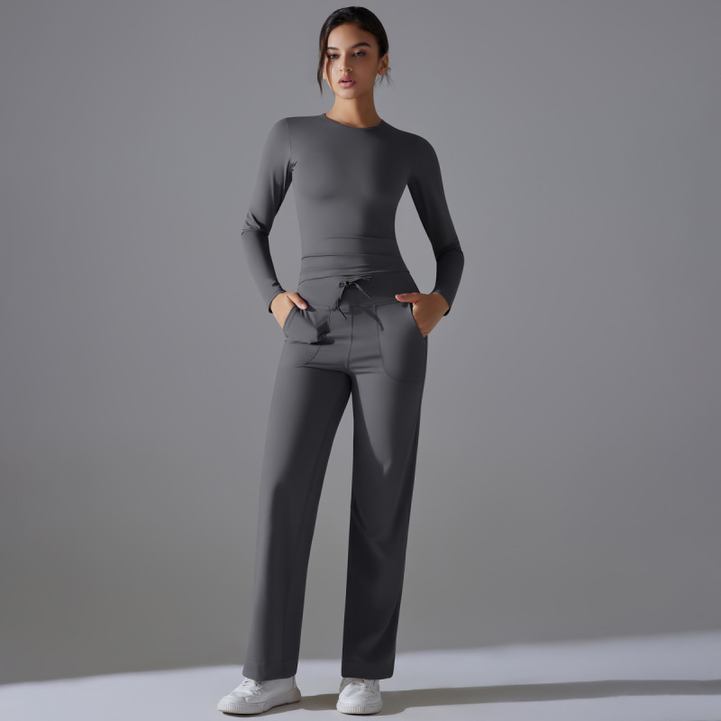 Cross-border Double-sided Nylon Solid Color Long-sleeved Yoga Suit suit High Waist Wide Leg Sports Running Fitness Two-piece Set