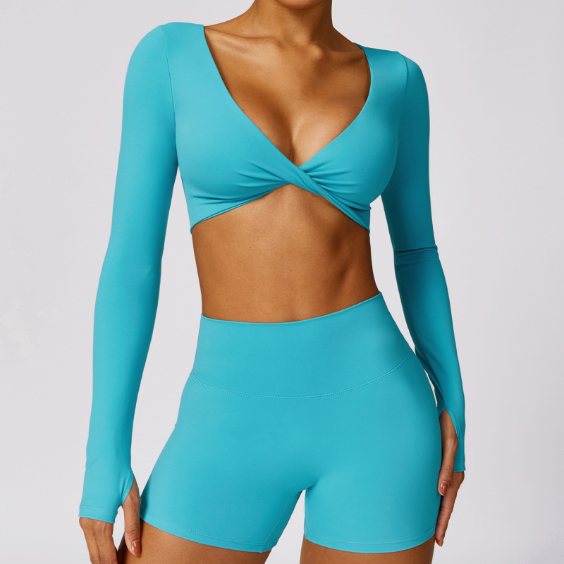 5-color cross-border seamless nude-feel long-sleeved peach-hip shorts yoga set fitness sportswear women's yoga set