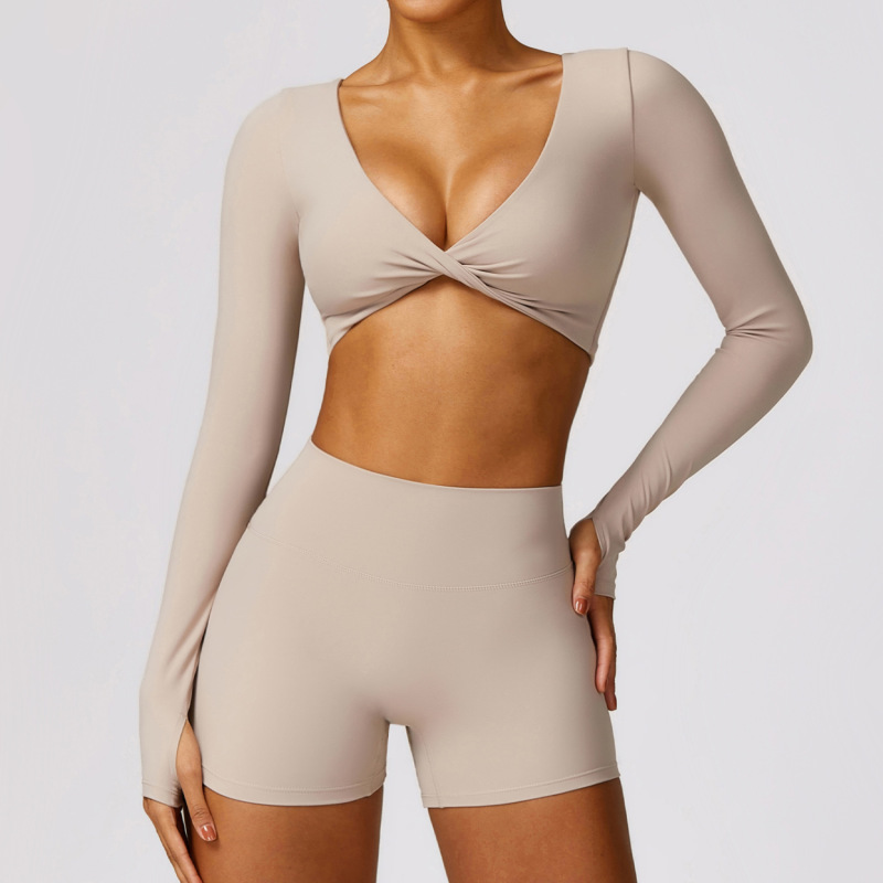 5-color cross-border seamless nude-feel long-sleeved peach-hip shorts yoga set fitness sportswear women's yoga set