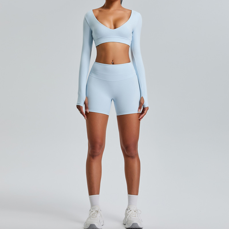 New European and American style long-sleeved yoga suit set for women, V-neck sports top, peach-shaped hip-lifting running and fitness set.