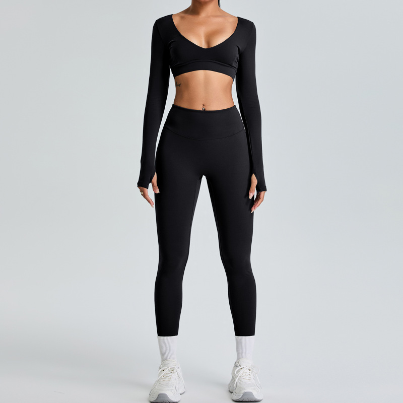 New European and American style long-sleeved yoga suit set for women, V-neck sports top, peach-shaped hip-lifting running and fitness set.