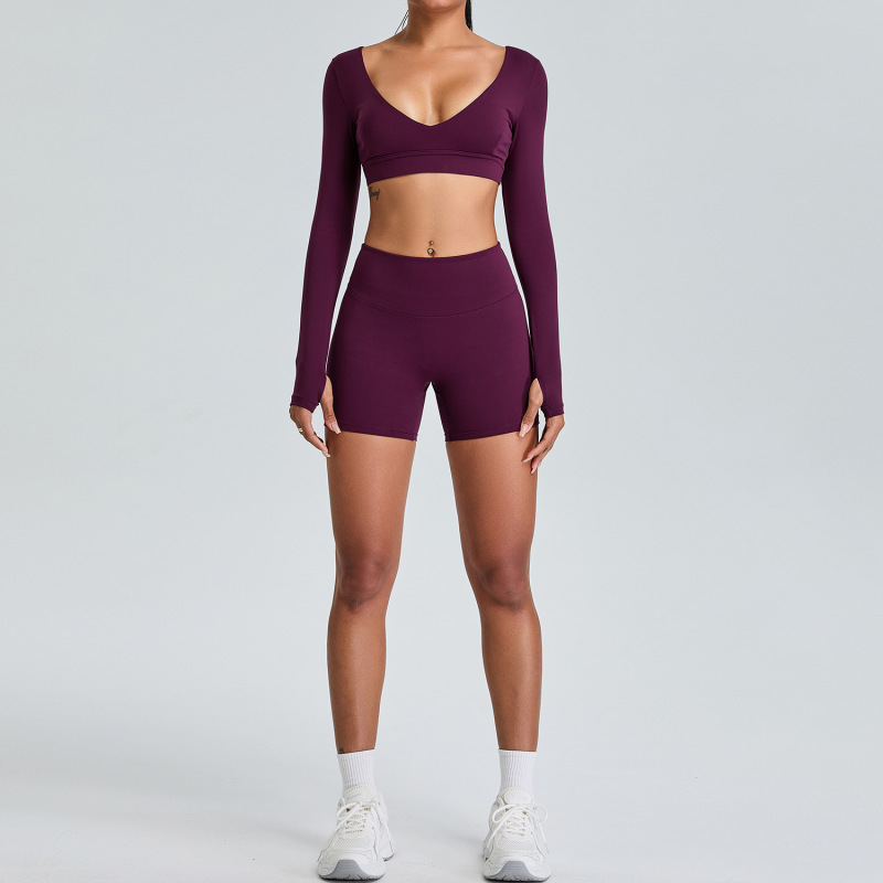 New European and American style long-sleeved yoga suit set for women, V-neck sports top, peach-shaped hip-lifting running and fitness set.
