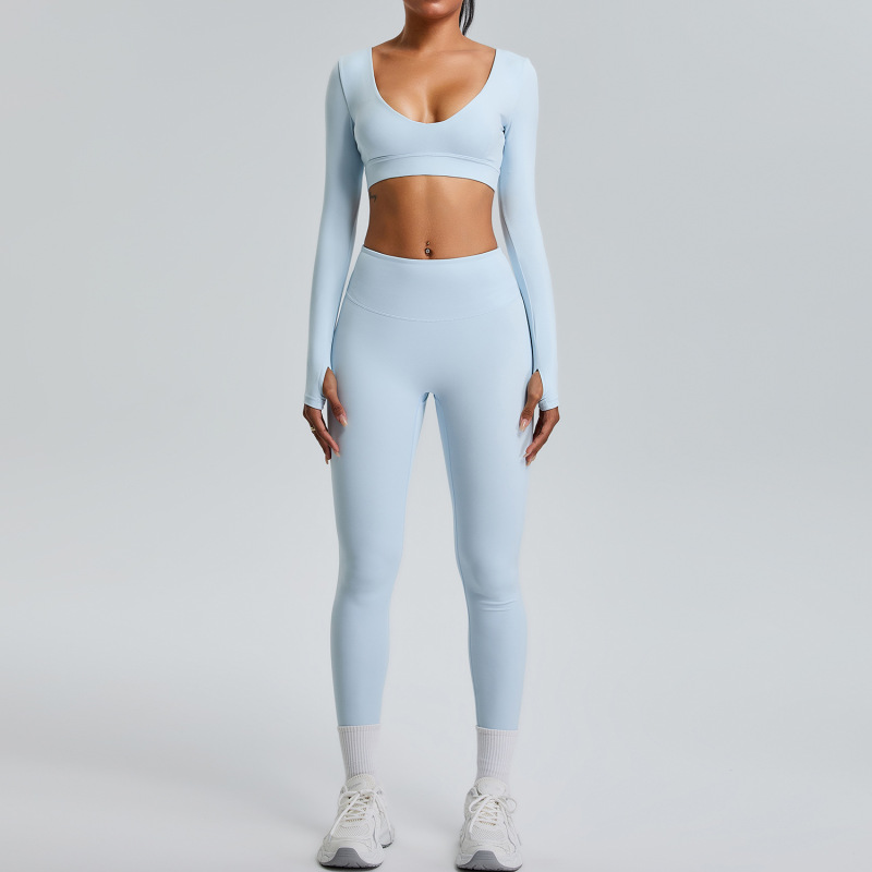 New European and American style long-sleeved yoga suit set for women, V-neck sports top, peach-shaped hip-lifting running and fitness set.
