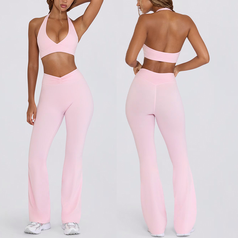 Women's backless halter neck sports bra/fitness flared pants yoga outfit set