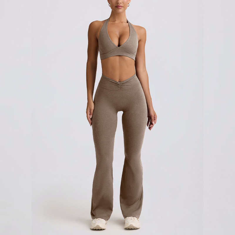 Women's backless halter neck sports bra/fitness flared pants yoga outfit set