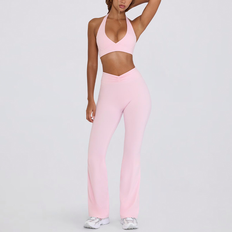 Women's backless halter neck sports bra/fitness flared pants yoga outfit set
