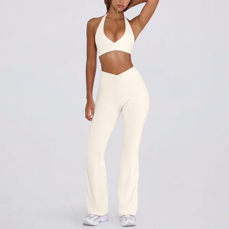 HR-B6505+K6506-TZ Women's Yoga Outfit Set: Halter-Neck Sports Bra & Flared Leggings